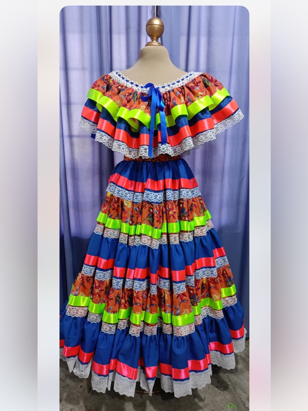 Folklorico Vibrant BlueFloral Tiered dress & skirt with Neon green & Coral trim